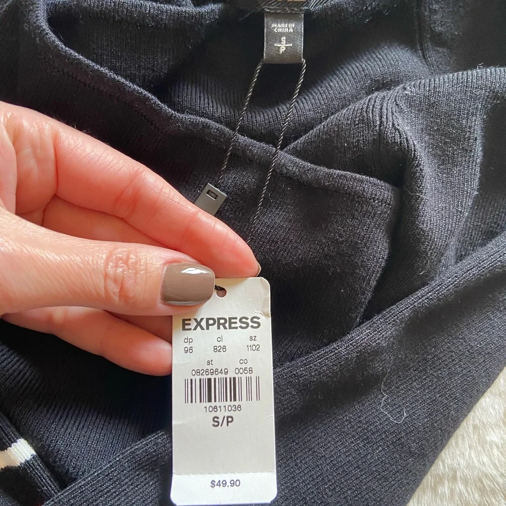 Express Black Off-the-Shoulder Sweater with Red Stripe Cuffs